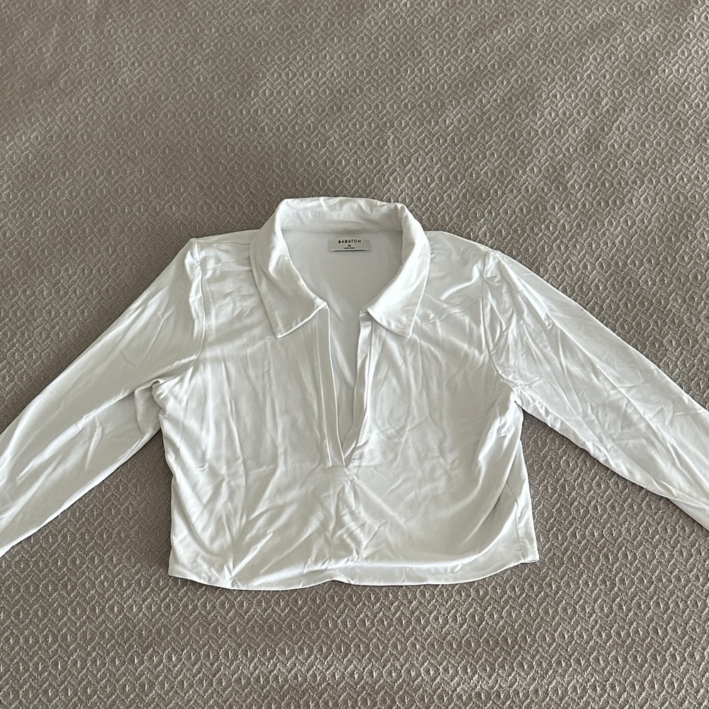 Aritzia BABATON White Long Sleeve Collared Crop Top